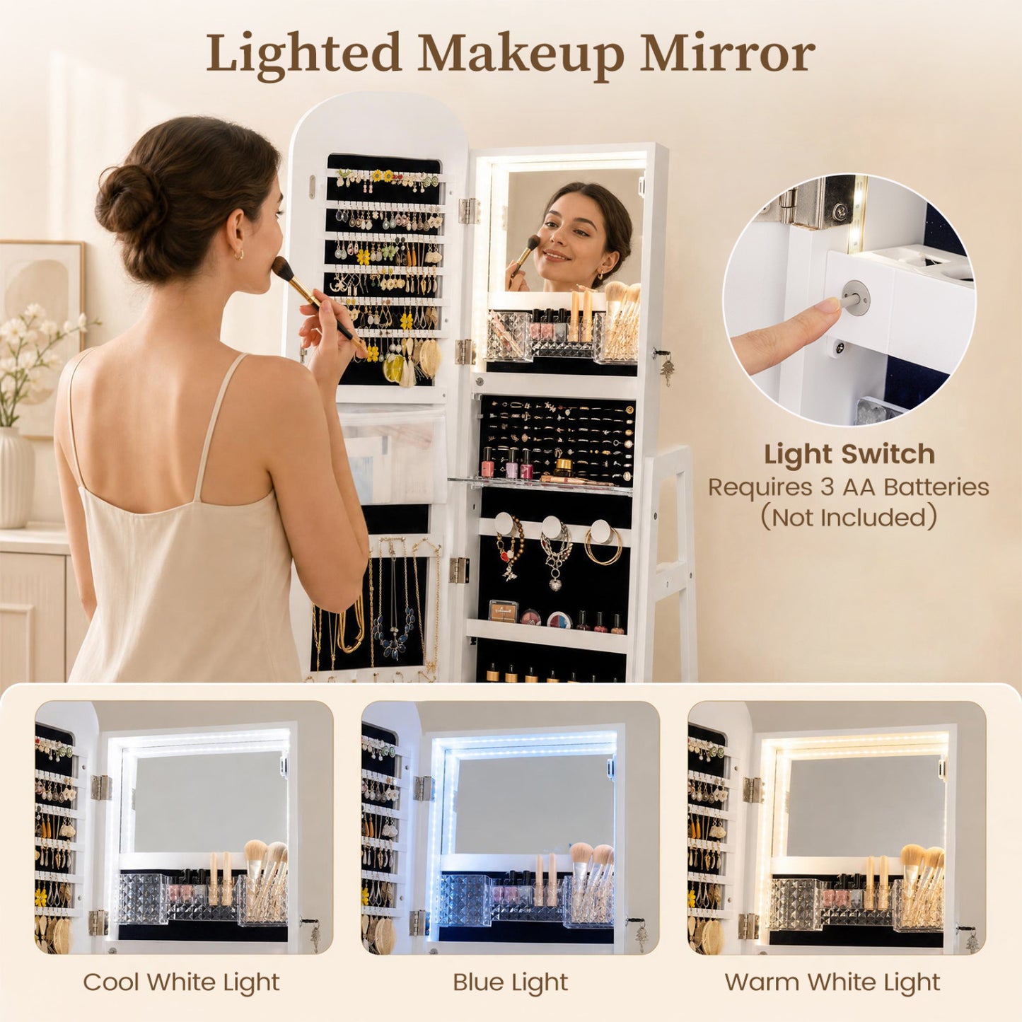 Jewelry Armoire with Full-Length Mirror and 360° Swivel Base