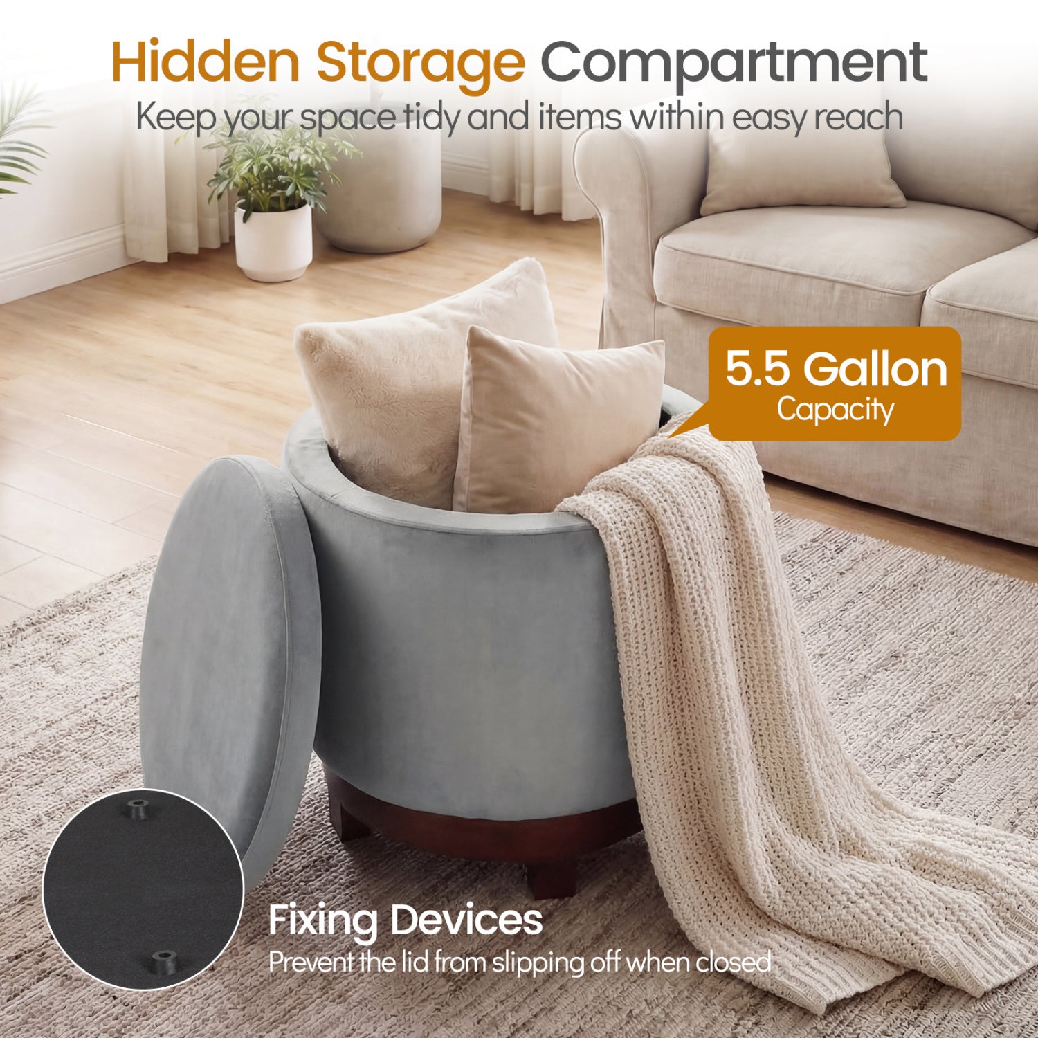 360° Swivel Velvet Foot Rest with Hidden Storage for Living Room