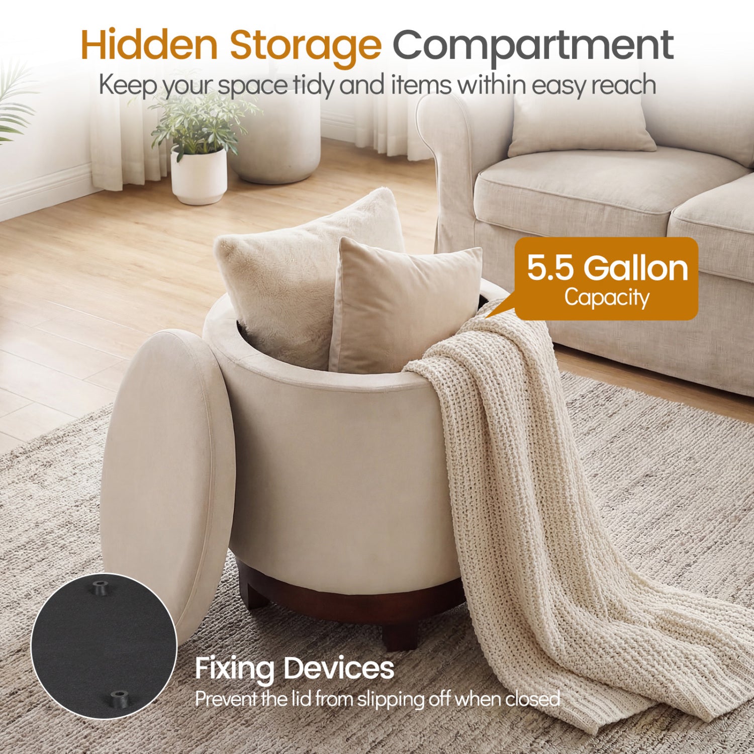 360° Swivel Velvet Foot Rest with Hidden Storage for Living Room
