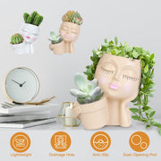 Girl Face Planter Pot Dual Opening Flower Pot With Drainage Hole Lady Head Resin Plant Pot