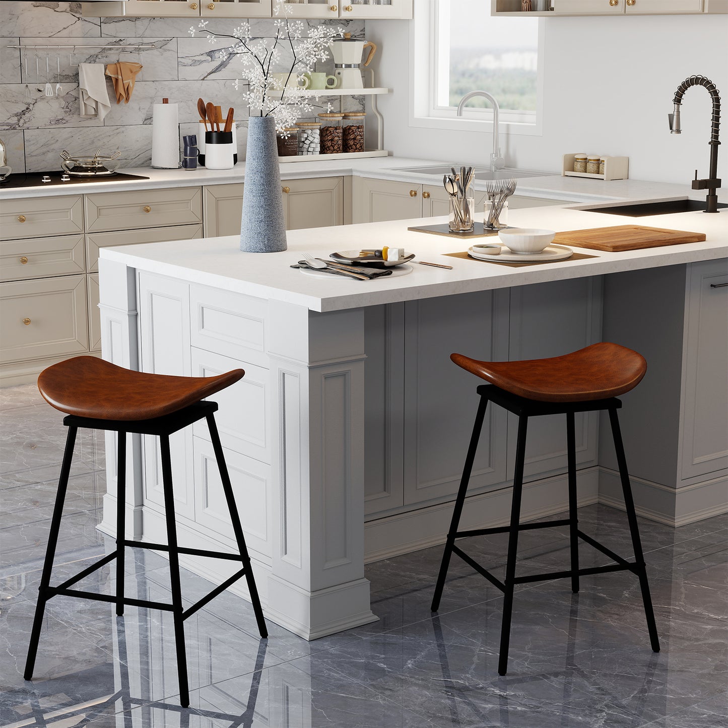 Set of 2 Swivel Barstools Faux Leather Upholstered Backless with Footrest-Brown