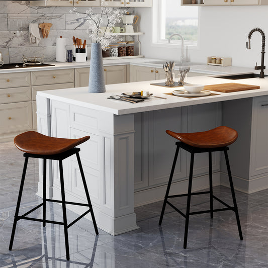 Set of 2 Swivel Barstools Faux Leather Upholstered Backless with Footrest-Brown