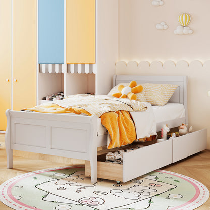 Twin Size Sleigh Bed with 2 Storage Drawers Wood Platform Bed Frame-White