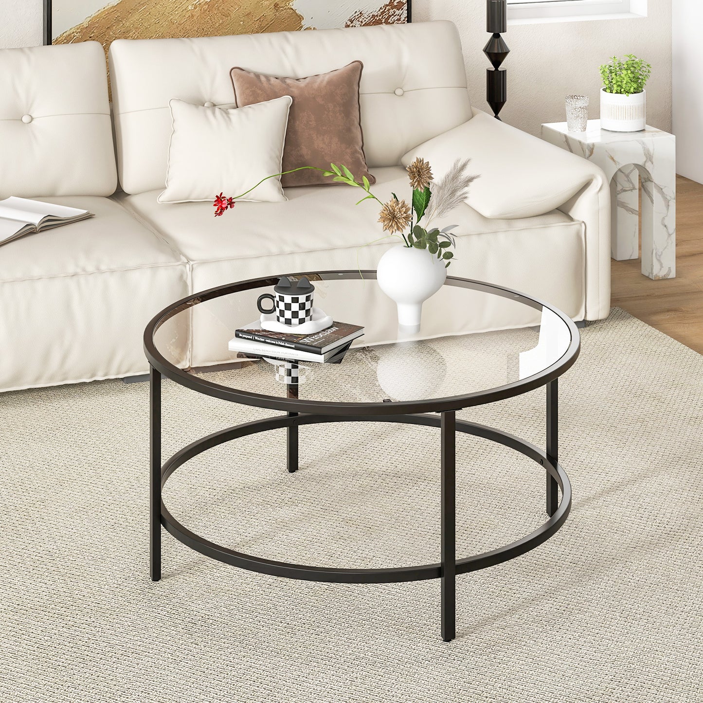 36 Inch Round Coffee Table with Tempered Glass Tabletop-Black