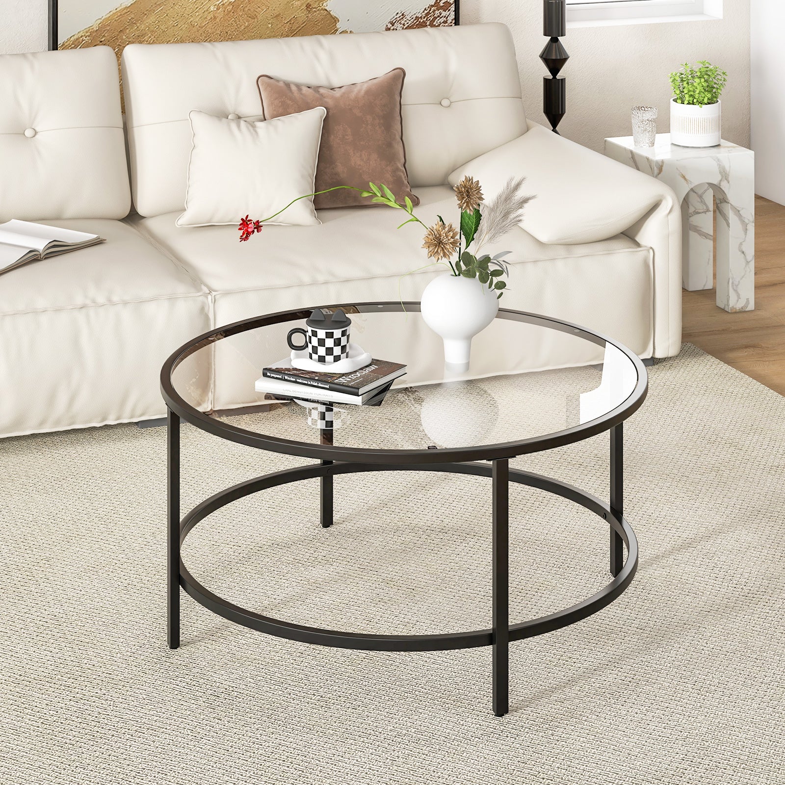 36 Inch Round Coffee Table with Tempered Glass Tabletop-Black