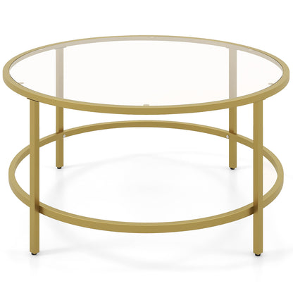 36 Inch Round Coffee Table with Tempered Glass Tabletop-Golden