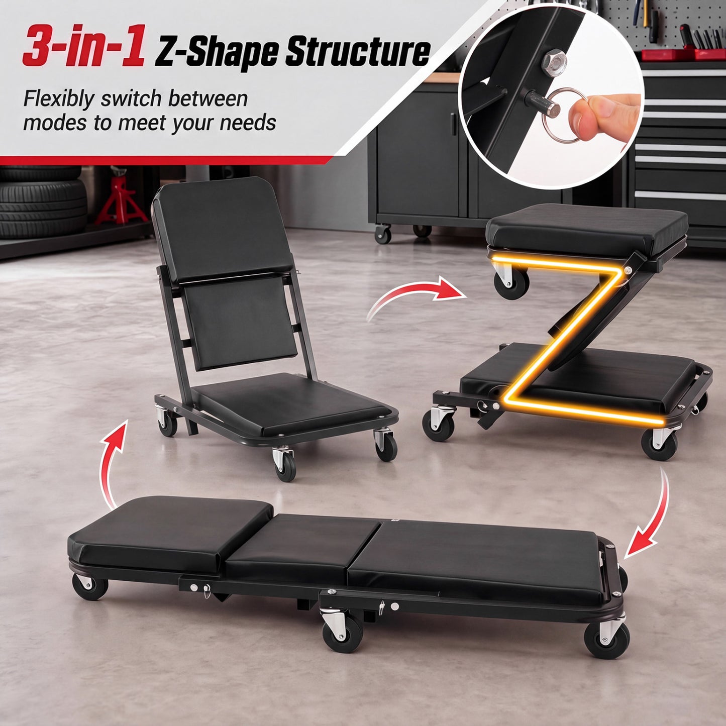 3-in-1 Folding Mechanic Creeper with 6 Wheels - 36 Inch