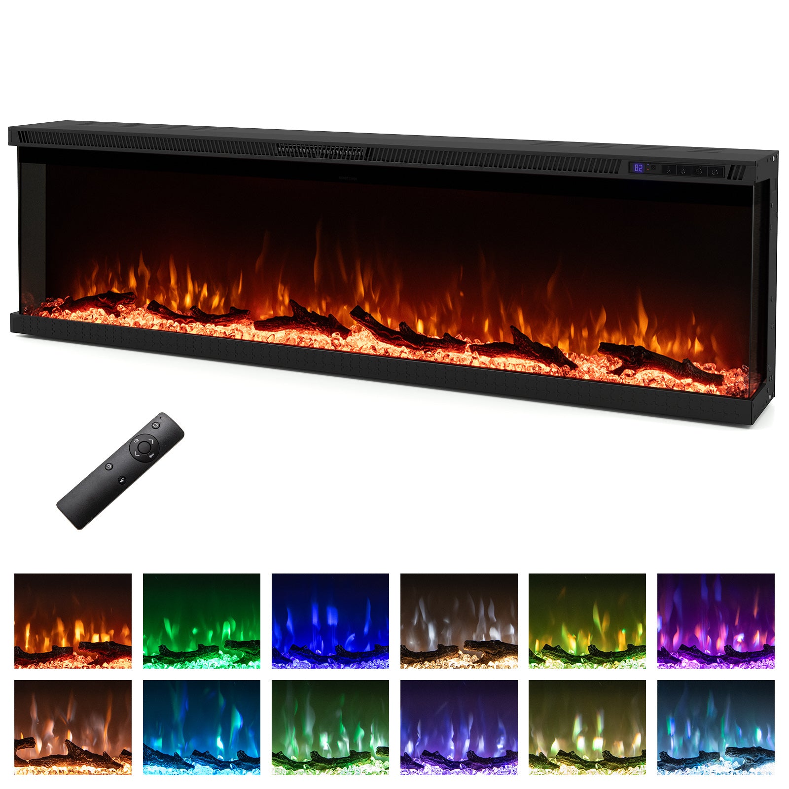 36/40/50/60 Inch Wide 3-Sided Electric Fireplace Insert with Remote Control and 12 Flame Colors-60 inch