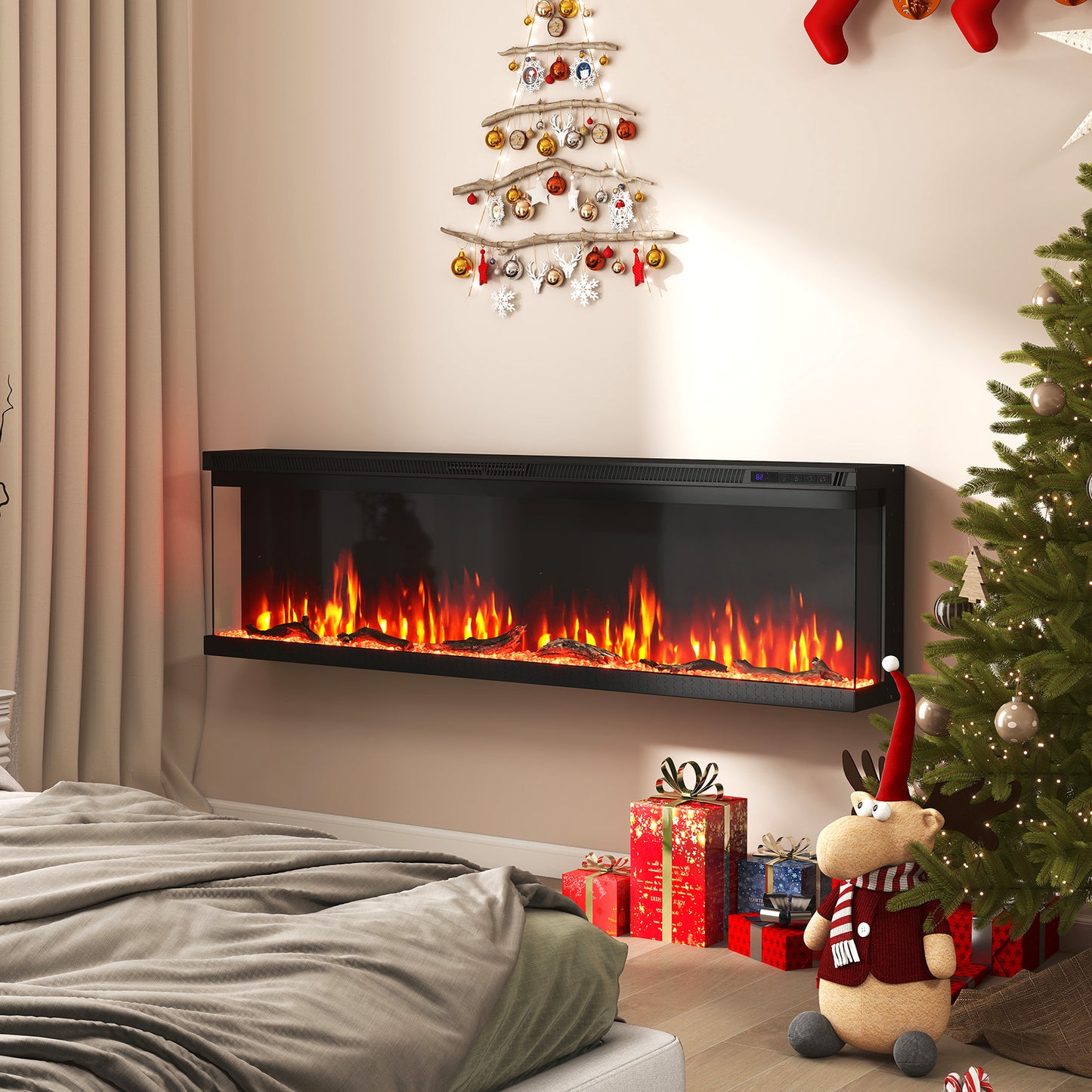 36/40/50/60 Inch Wide 3-Sided Electric Fireplace Insert with Remote Control and 12 Flame Colors-60 inch