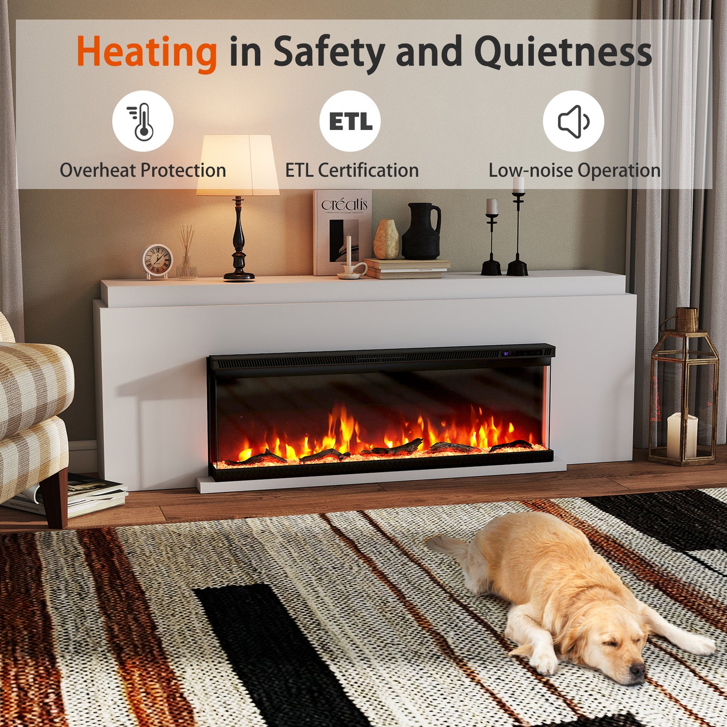 36/40/50/60 Inch Wide 3-Sided Electric Fireplace Insert with Remote Control and 12 Flame Colors-50 Inch