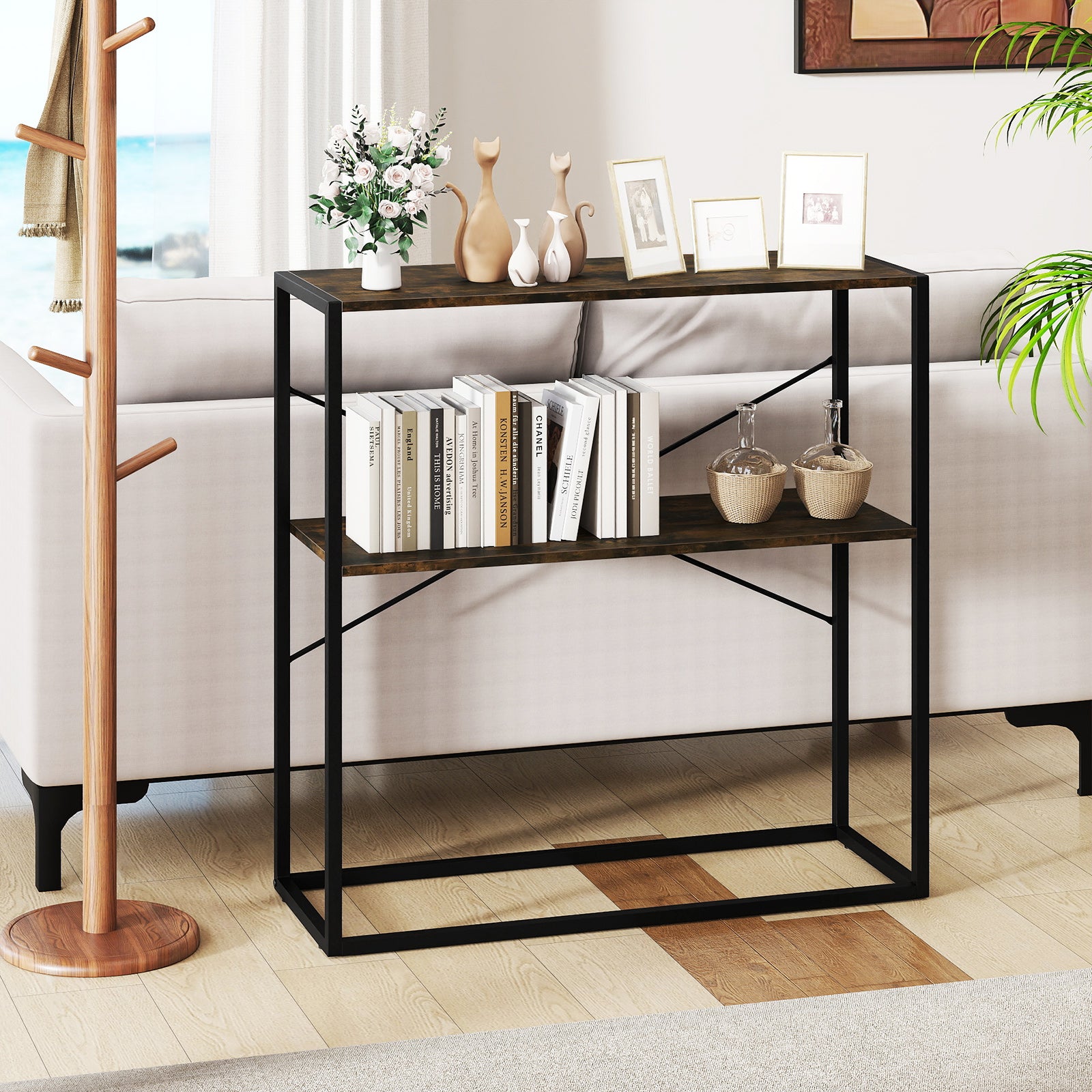 36" Console Table 2-Tier Entryway Table with Wooden Open Shelves and Metal Frame-Rustic Brown