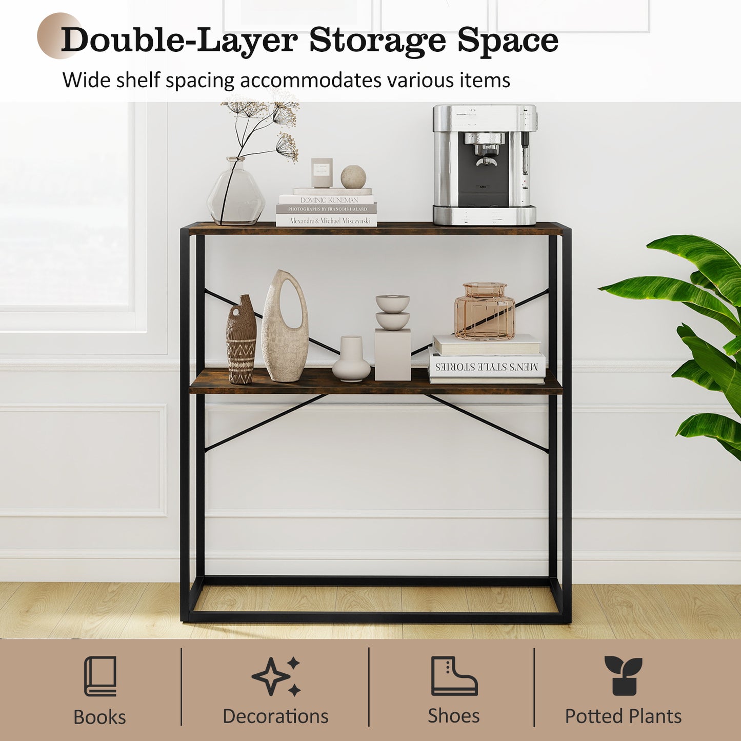 36" Console Table 2-Tier Entryway Table with Wooden Open Shelves and Metal Frame-Rustic Brown