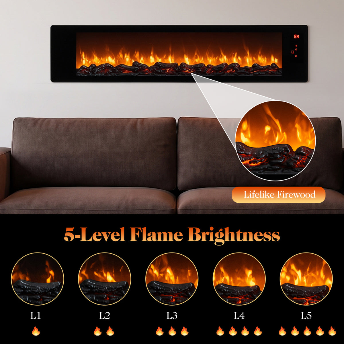 36" Electric Fireplace with 5-Level Adjustable Brightness