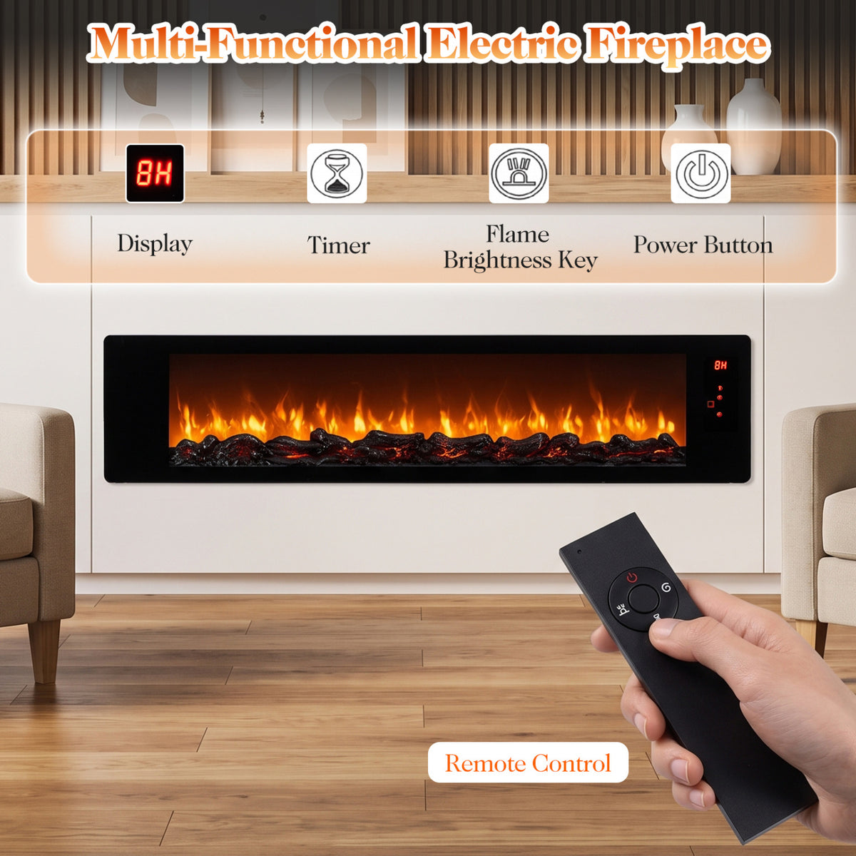 36" Electric Fireplace with 5-Level Adjustable Brightness