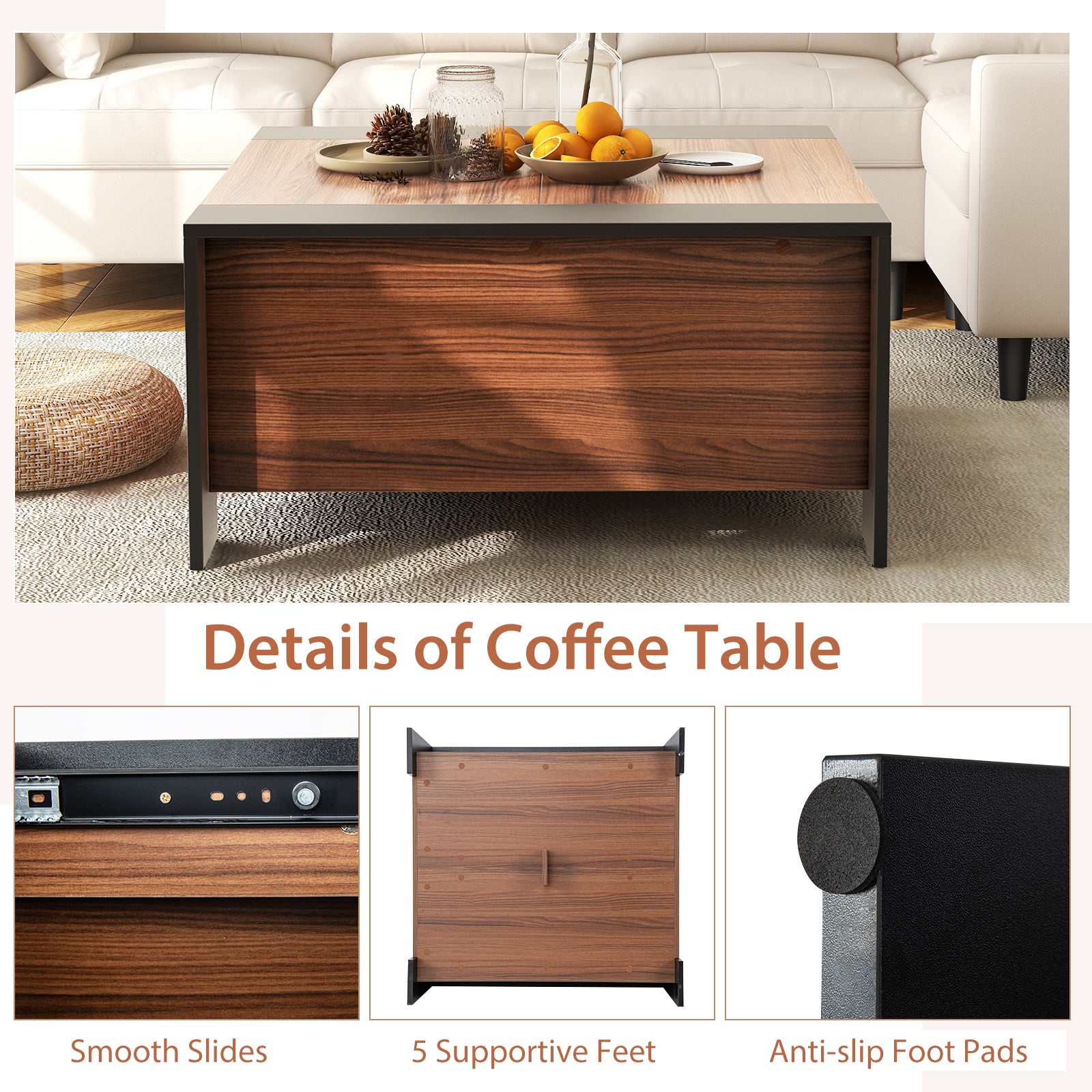 36.5 Inch Coffee Table with Sliding Top and Hidden Compartment-Walnut