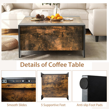 36.5 Inch Coffee Table with Sliding Top and Hidden Compartment-Rustic Brown