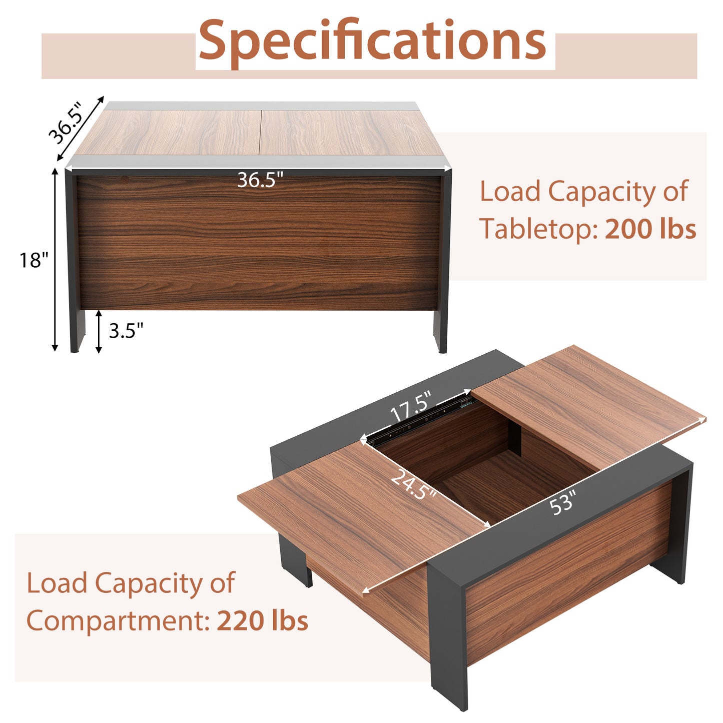 36.5 Inch Coffee Table with Sliding Top and Hidden Compartment-Walnut