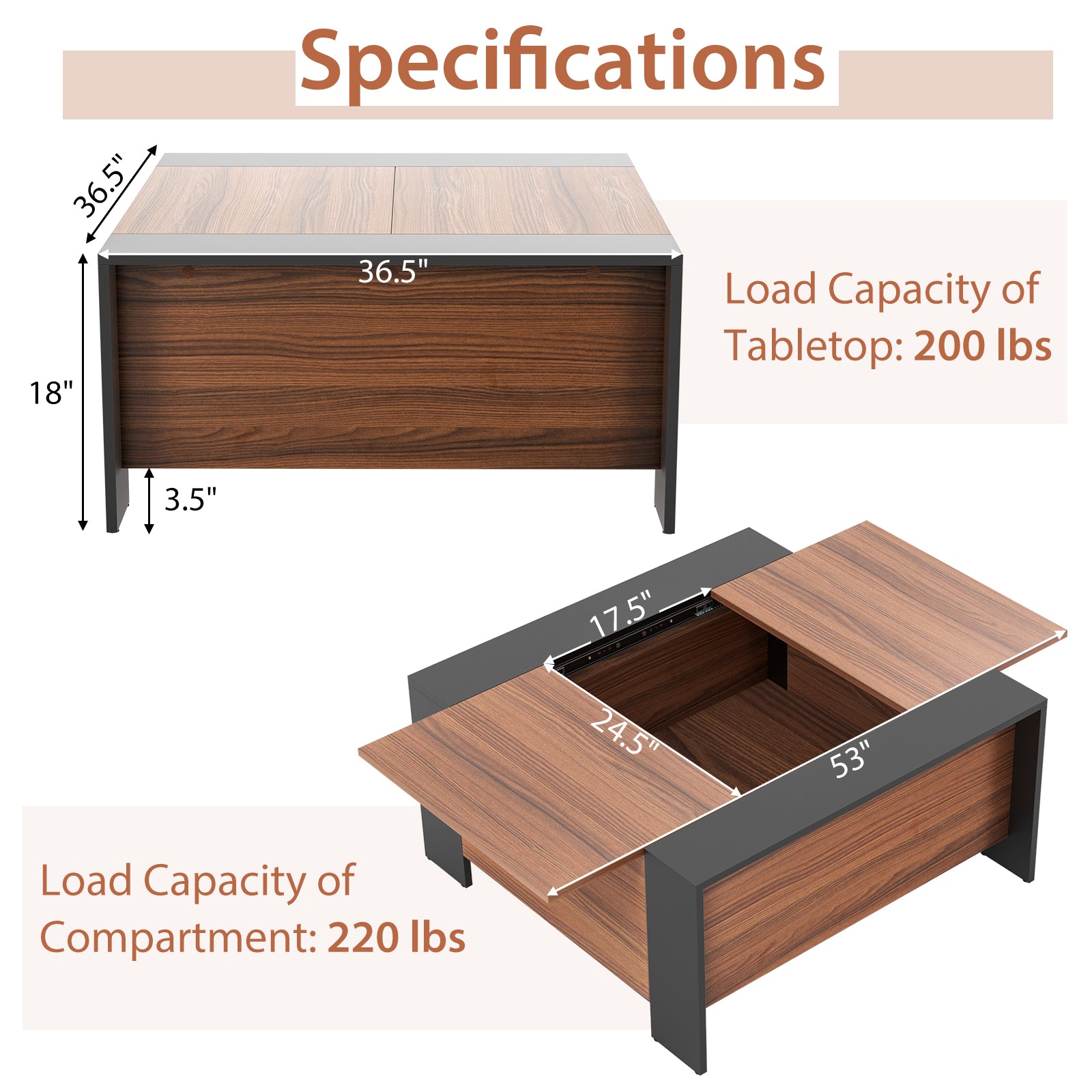 36.5 Inch Coffee Table with Sliding Top and Hidden Compartment-Walnut