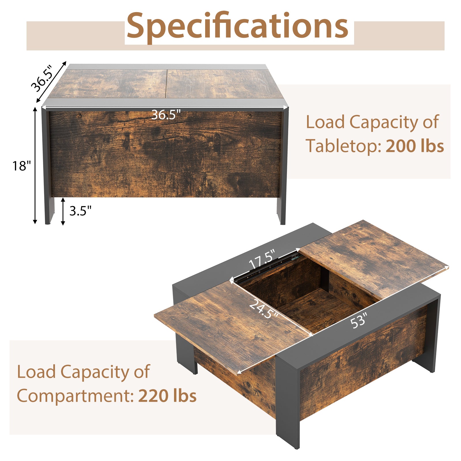 36.5 Inch Coffee Table with Sliding Top and Hidden Compartment-Rustic Brown