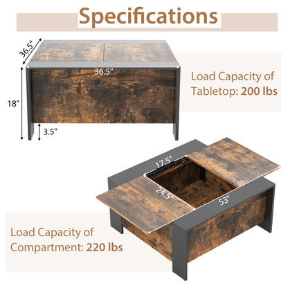 36.5 Inch Coffee Table with Sliding Top and Hidden Compartment-Rustic Brown