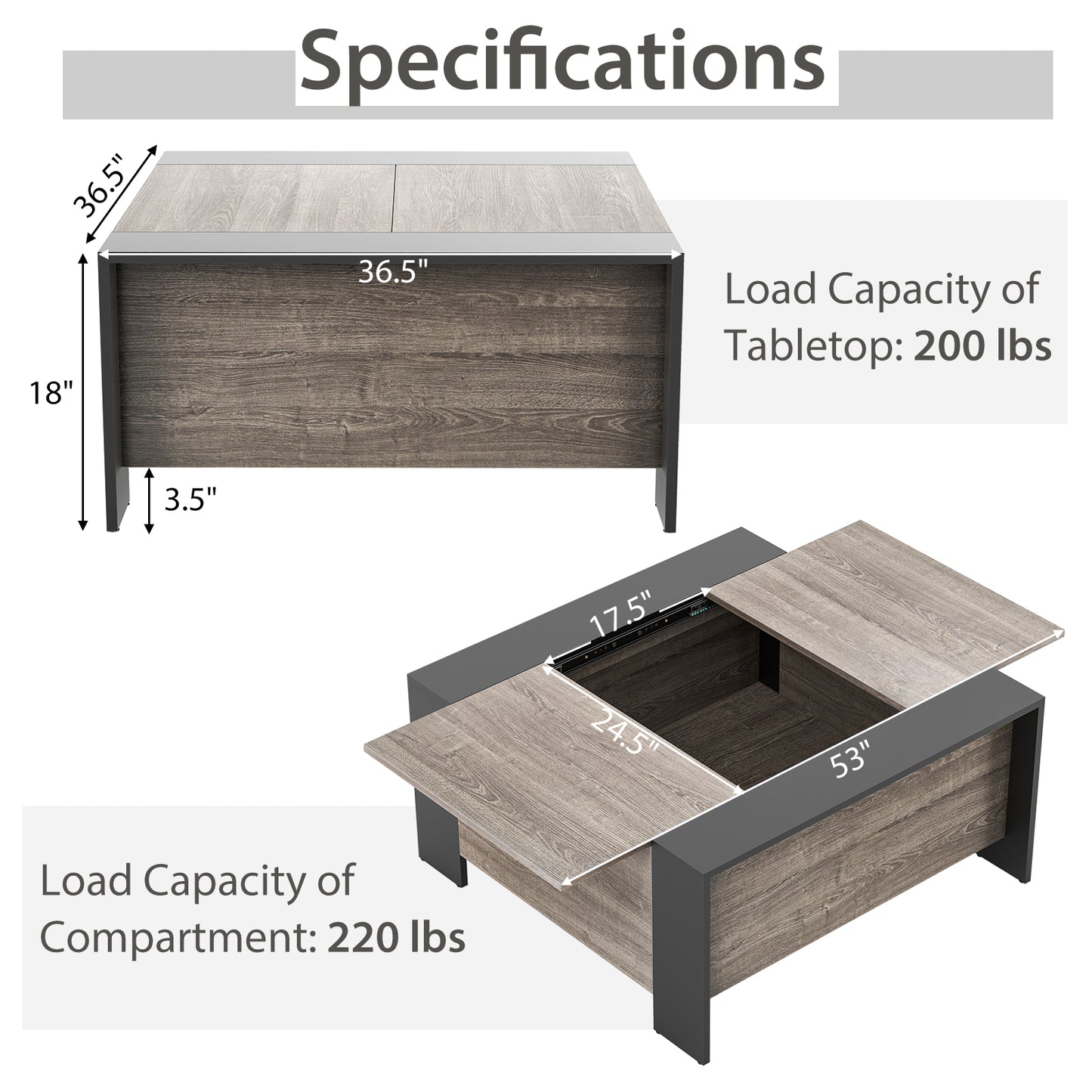 36.5 Inch Coffee Table with Sliding Top and Hidden Compartment-Gray