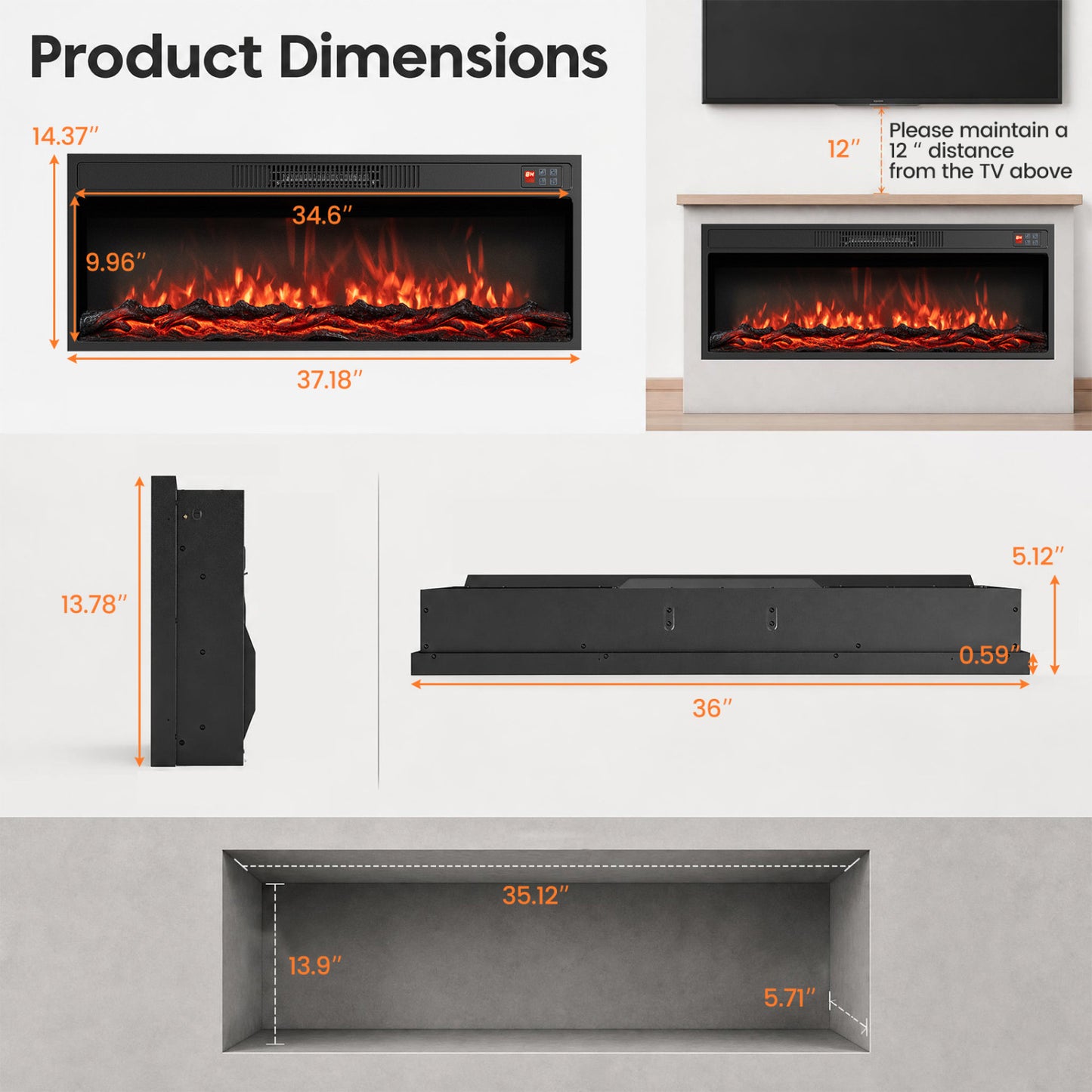 Recessed Electric Fireplace Heater with Remote Control