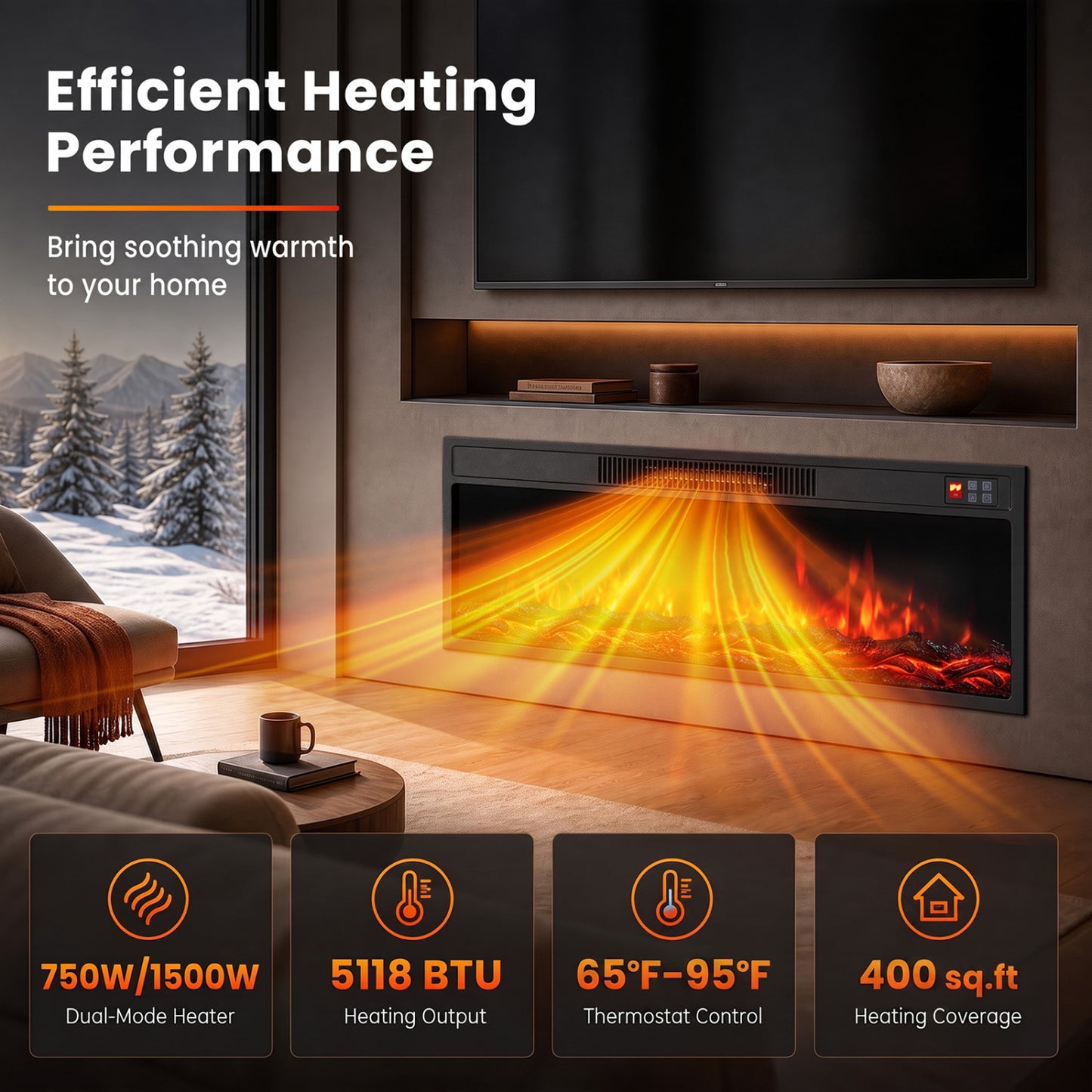 Recessed Electric Fireplace Heater with Remote Control