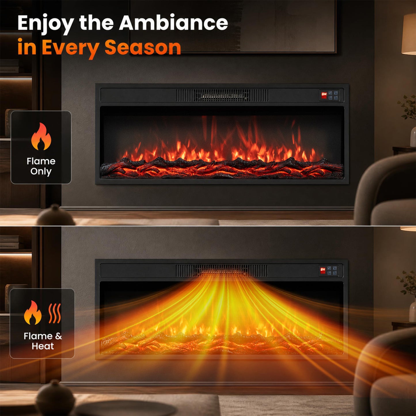 Recessed Electric Fireplace Heater with Remote Control