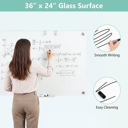 36 x 24 Inches Glass Whiteboard with Eraser and Removable Tray