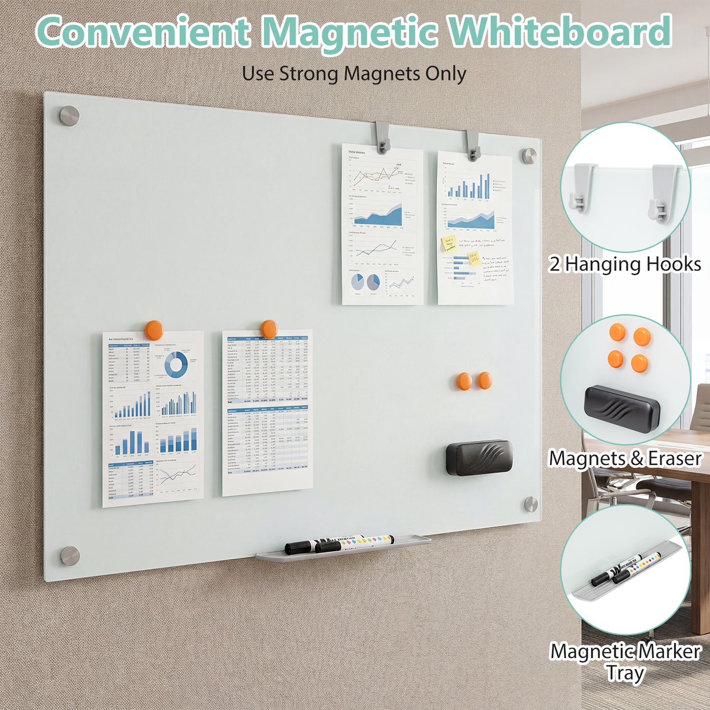 36 x 24 Inches Glass Whiteboard with Eraser and Removable Tray