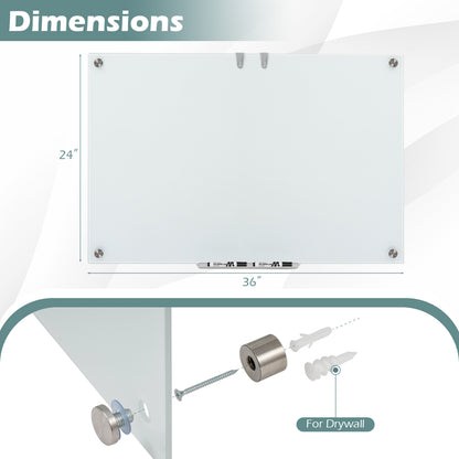 36 x 24 Inches Glass Whiteboard with Eraser and Removable Tray