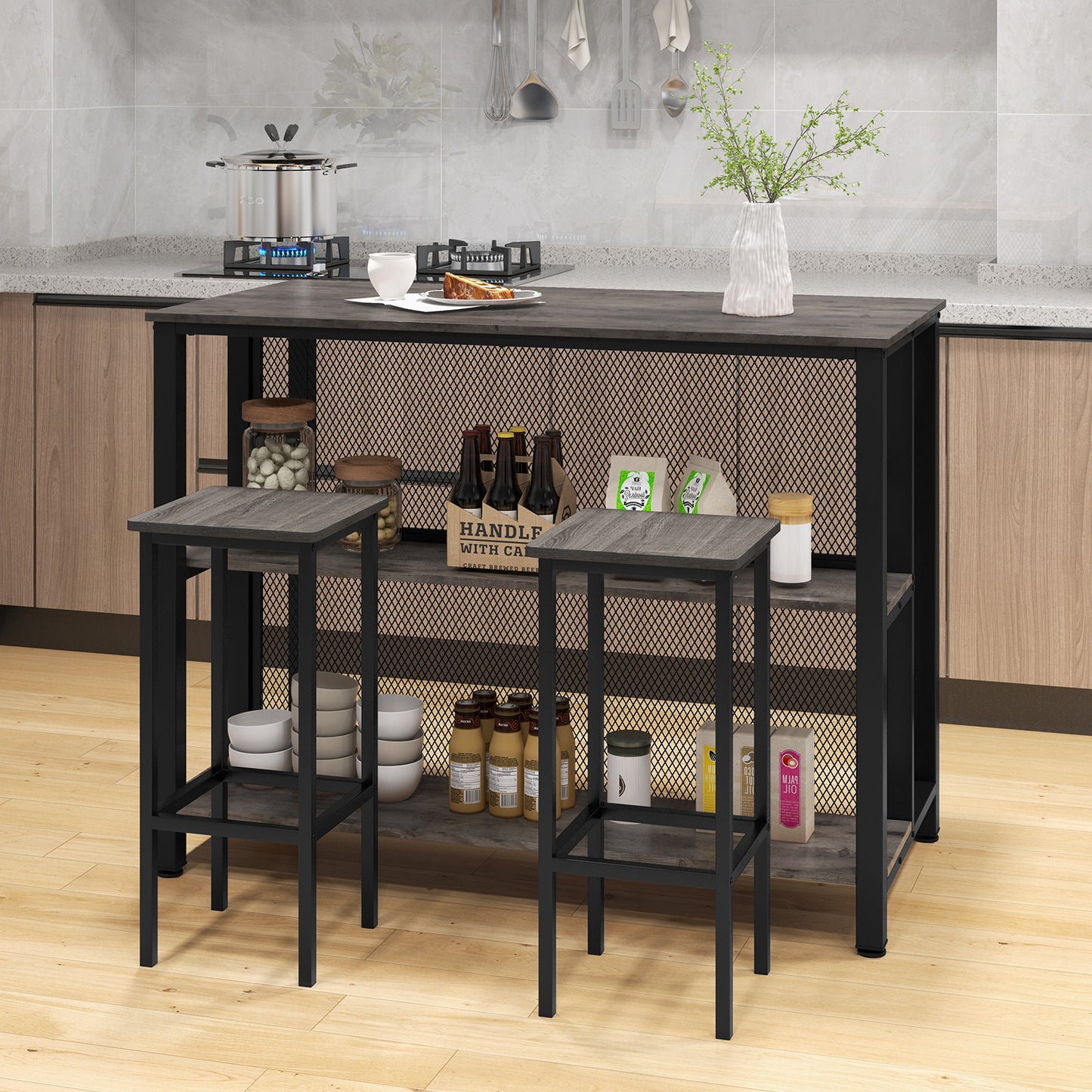 36 Inch 3-Tier Bar Table with Storage Metal Frame Adjustable Foot Pads for Dining Room