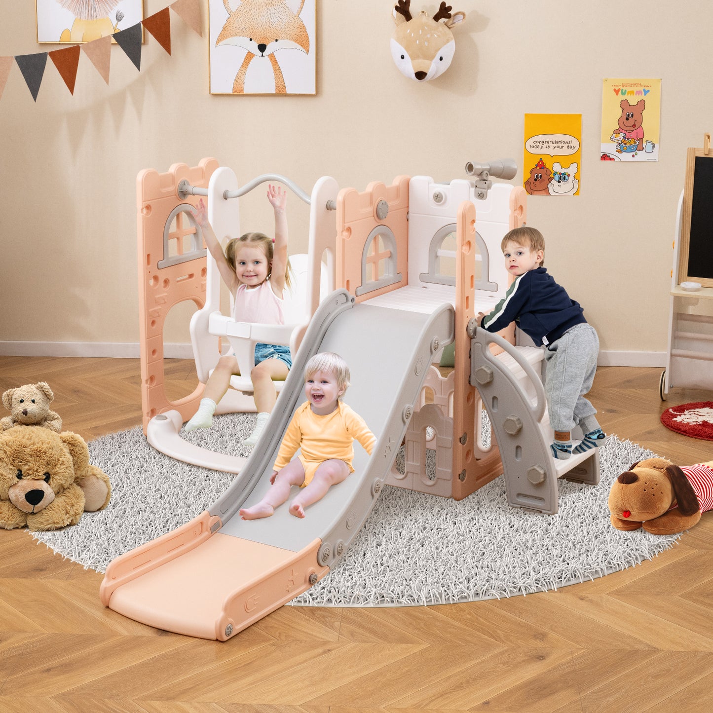 7-in-1 Toddler Swing and Slide Set L-shaped with Ladder and Basketball Hoop-Pink
