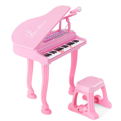 37 Keys Kids Piano Keyboard with Stool and Piano Lid-Pink - Pink