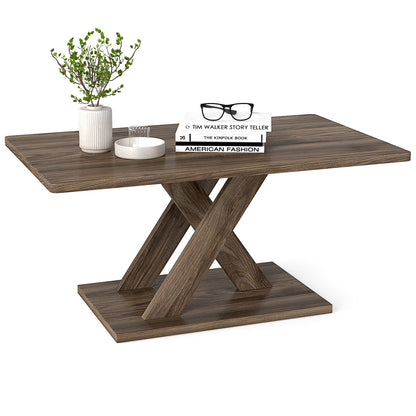 37.5 Inch Rectangular Coffee Table with Stable Base and Rubber Wood Connection for Living Room-Brown