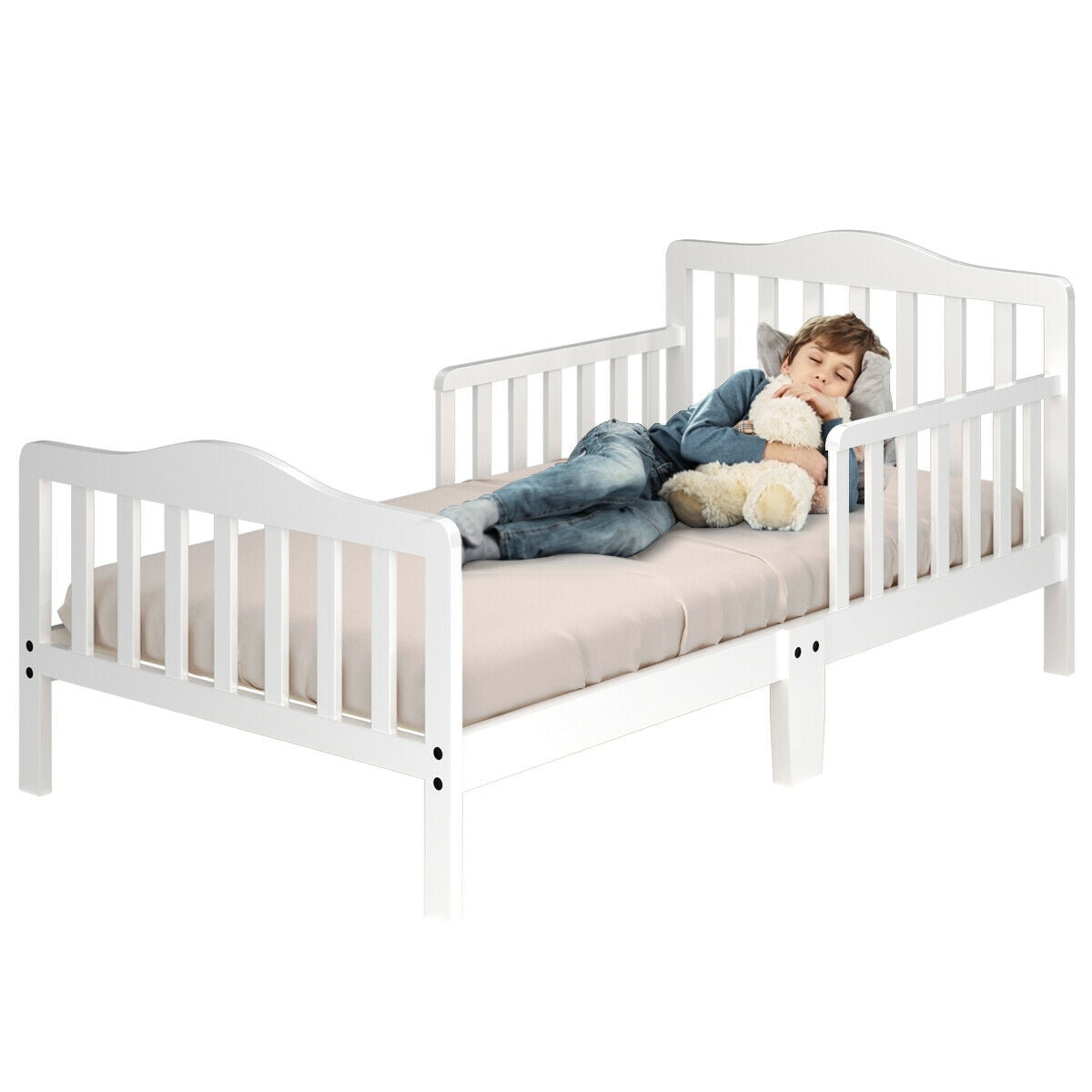 Classic Design Kids Wood Toddler Bed Frame with Two Side Safety Guardrails-Brown - White