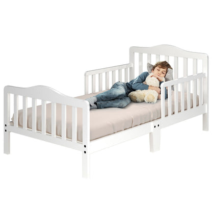 Classic Design Kids Wood Toddler Bed Frame with Two Side Safety Guardrails-Brown - White