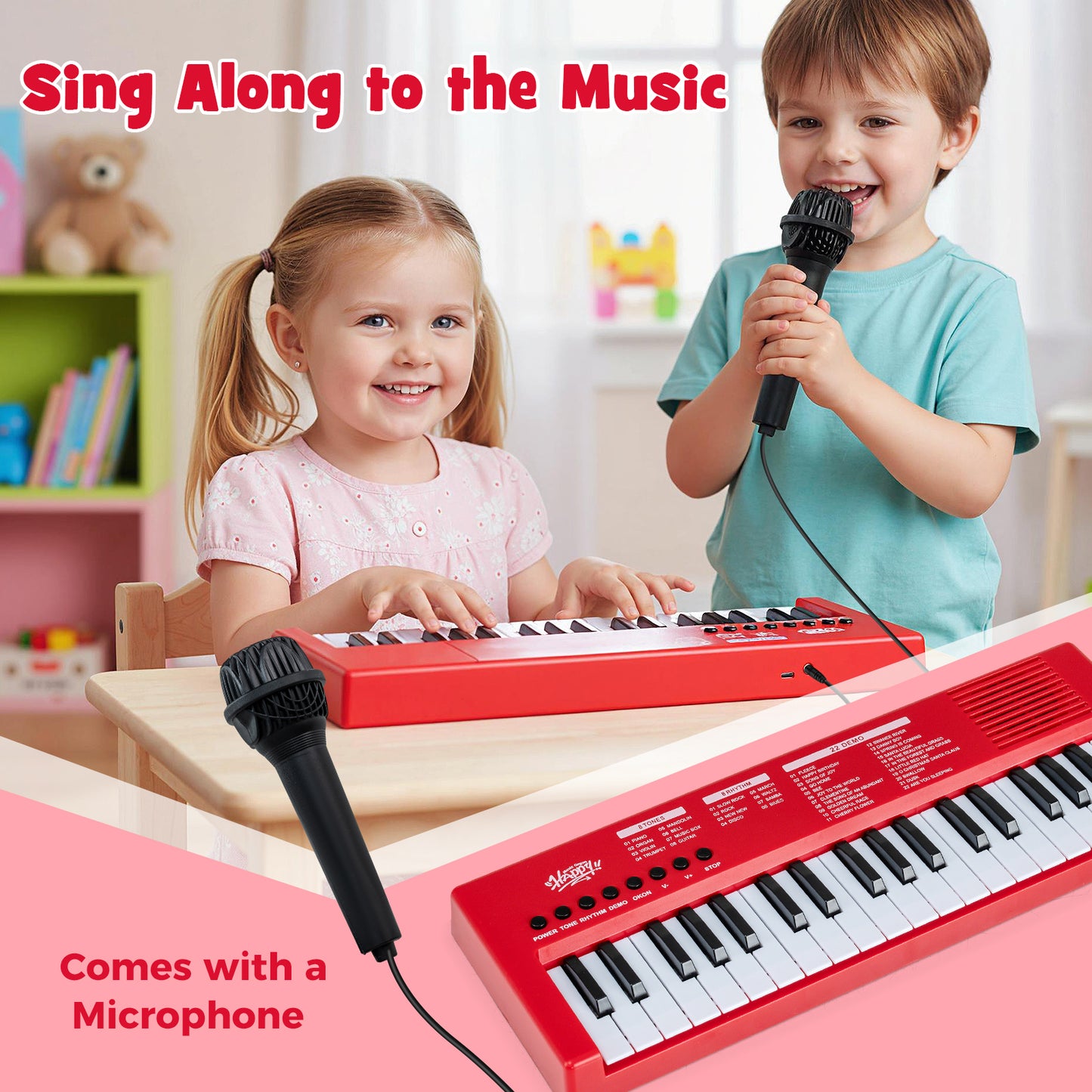 37 Keys Kids Piano Keyboard with 8 Rhythms and Microphone-Red