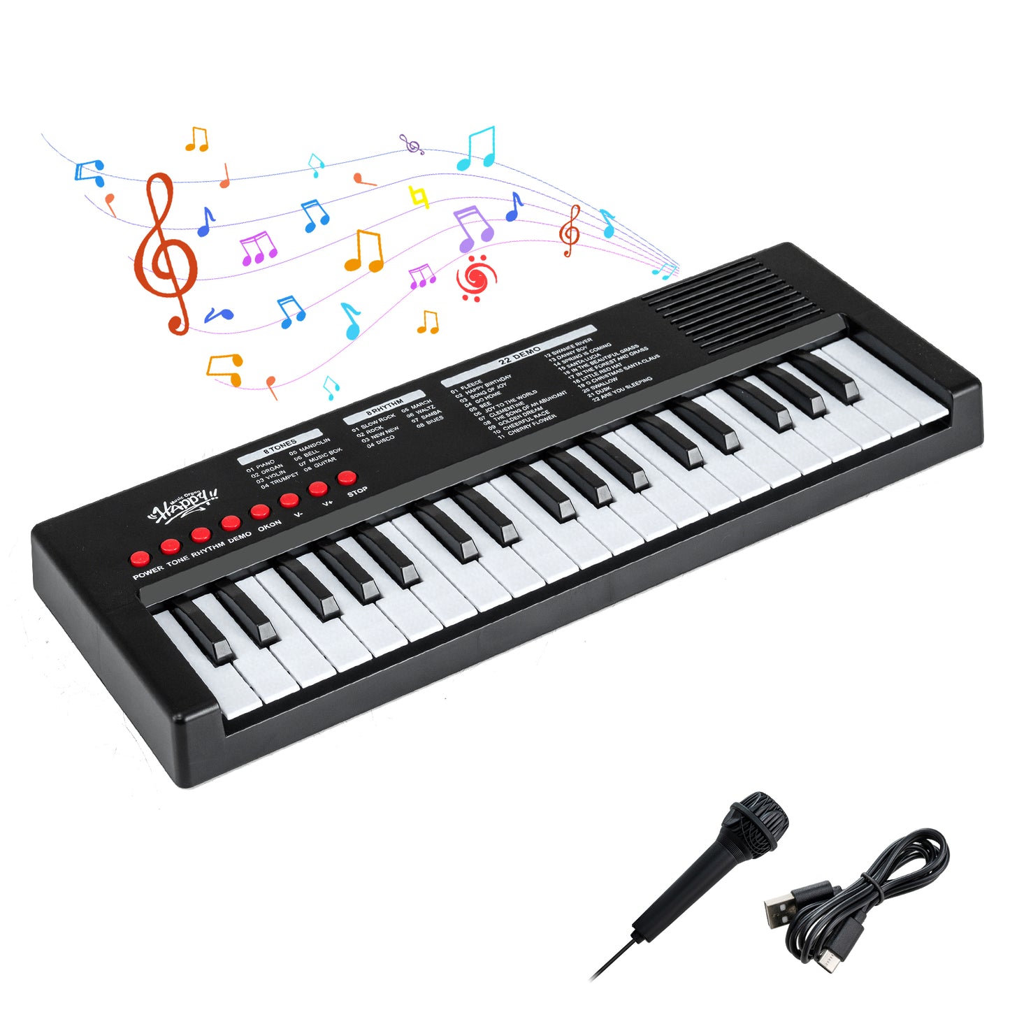 37 Keys Kids Piano Keyboard with 8 Rhythms and Microphone-Black