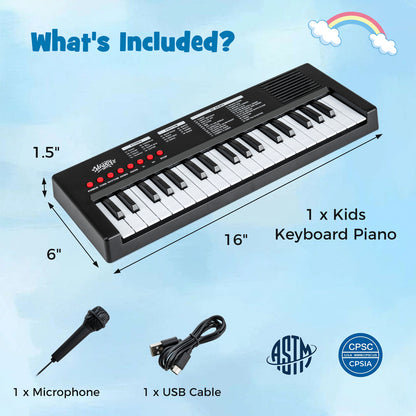 37 Keys Kids Piano Keyboard with 8 Rhythms and Microphone-Black