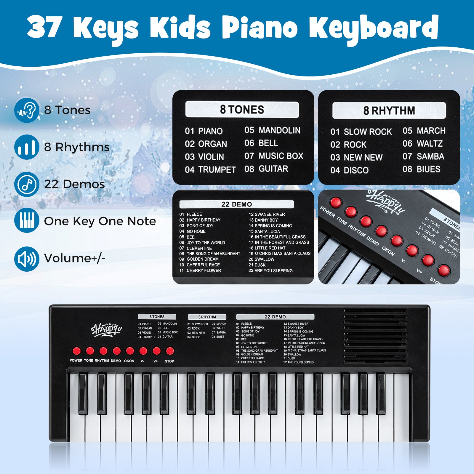 37 Keys Kids Piano Keyboard with 8 Rhythms and Microphone-Black