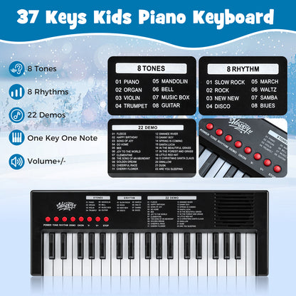 37 Keys Kids Piano Keyboard with 8 Rhythms and Microphone-Black