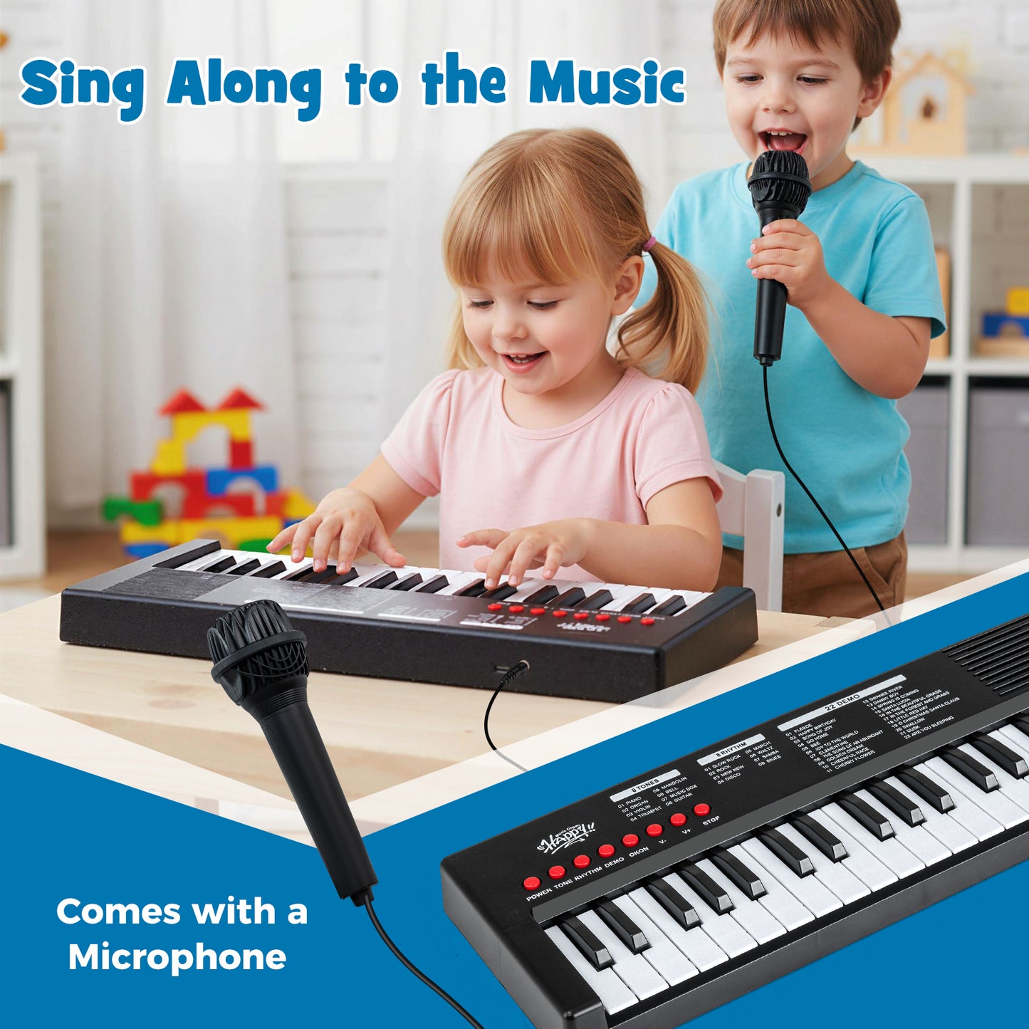 37 Keys Kids Piano Keyboard with 8 Rhythms and Microphone-Black