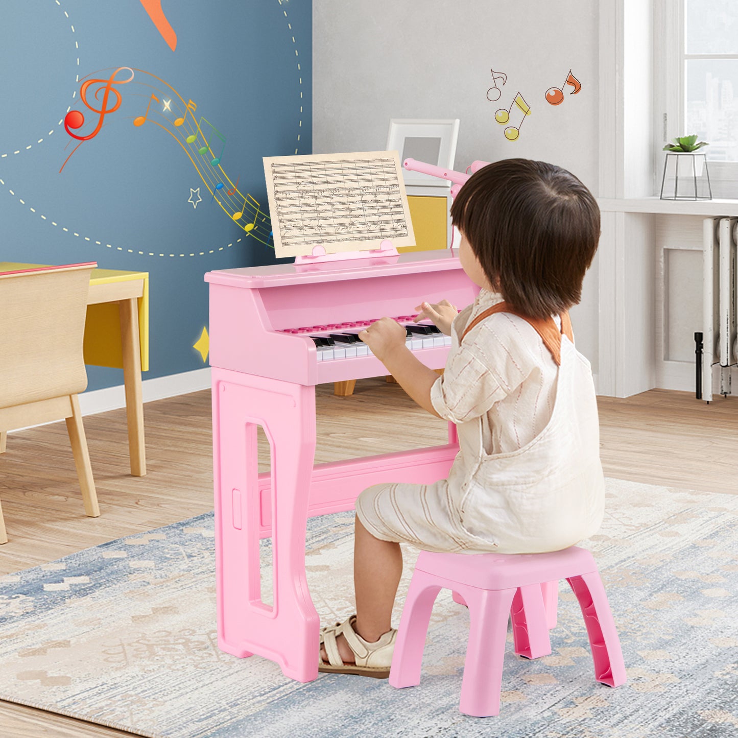 37 Keys Music Piano with Microphone Kids Piano Keyboard with Detachable Music Stand-Pink