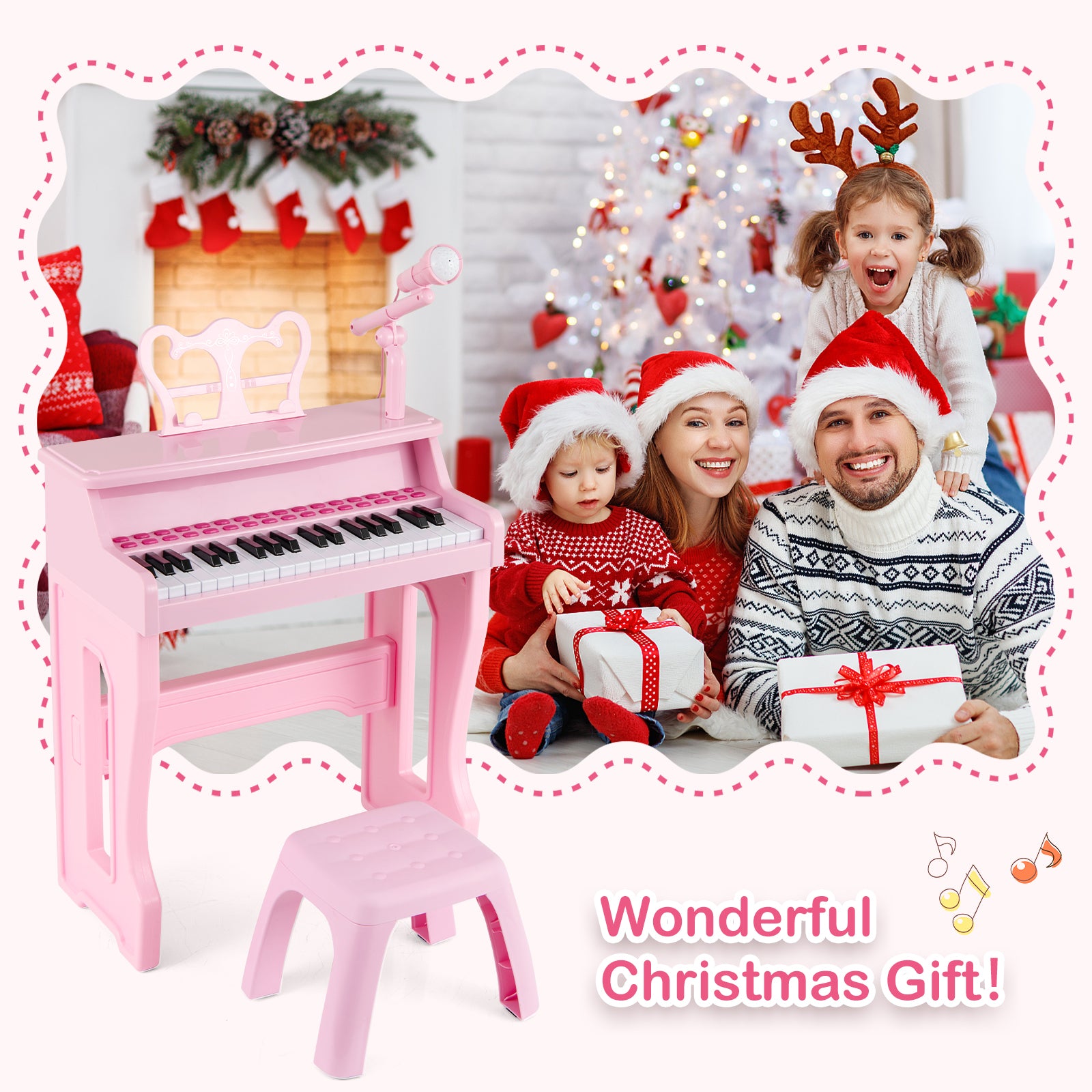 37 Keys Music Piano with Microphone Kids Piano Keyboard with Detachable Music Stand-Pink