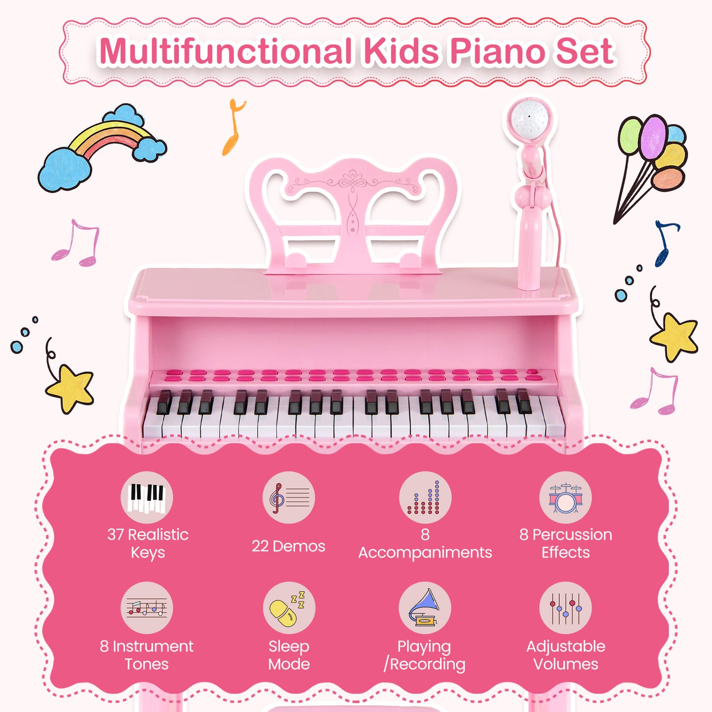 37 Keys Music Piano with Microphone Kids Piano Keyboard with Detachable Music Stand-Pink