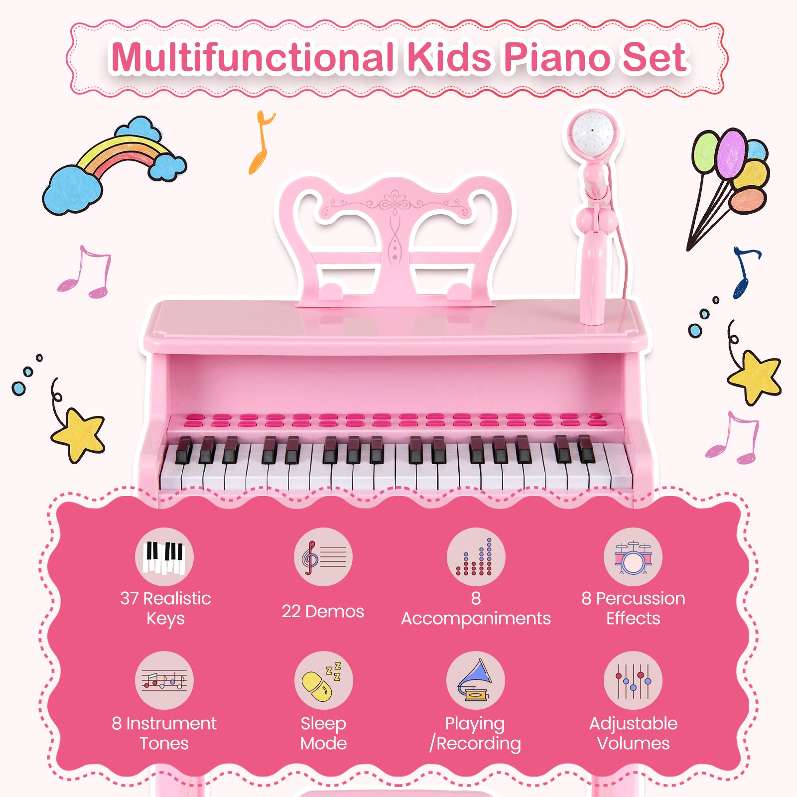37 Keys Music Piano with Microphone Kids Piano Keyboard with Detachable Music Stand-Pink