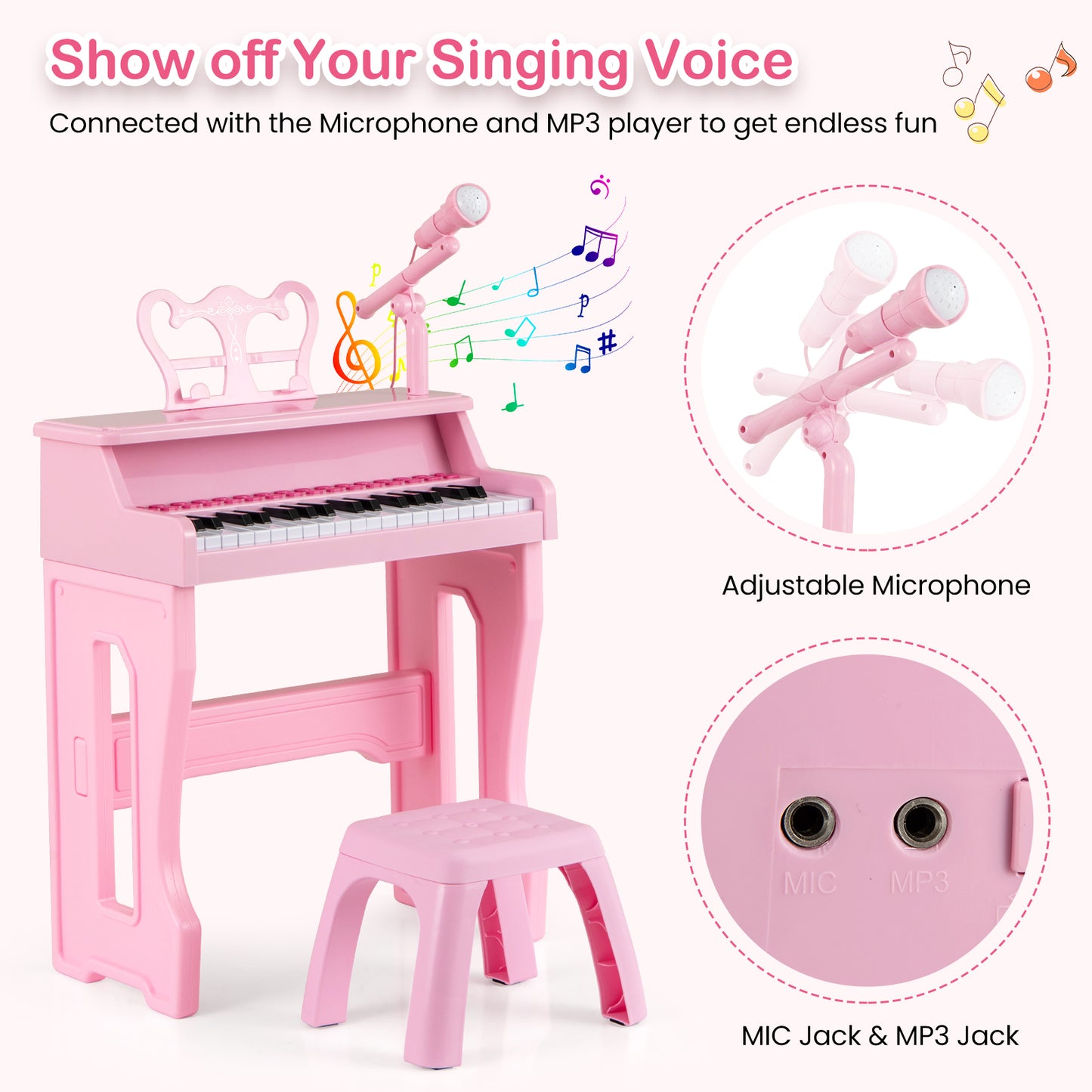 37 Keys Music Piano with Microphone Kids Piano Keyboard with Detachable Music Stand-Pink