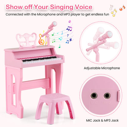 37 Keys Music Piano with Microphone Kids Piano Keyboard with Detachable Music Stand-Pink