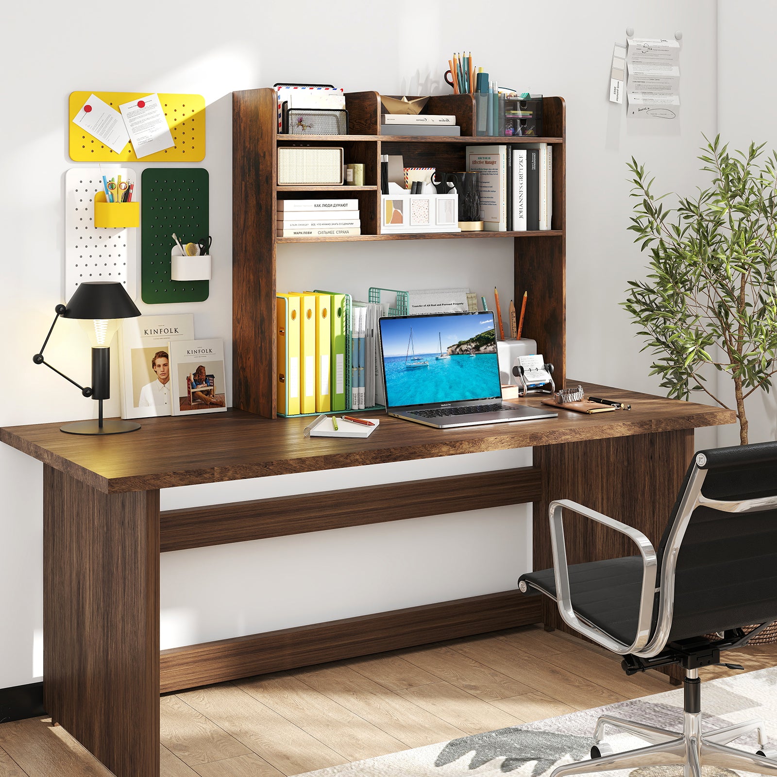 Desktop Bookshelf Countertop Storage Hutch with 6 Shelves-Rustic Brown